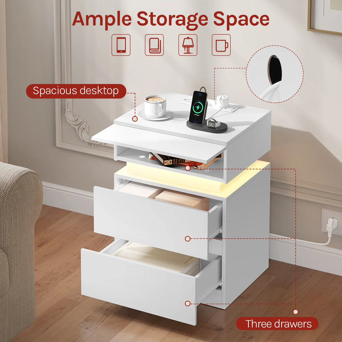 WOLTU Nightstand White/Black Bedside Table with LED Lighting 2 Drawers USB Charging Function Narrow Sofa Table