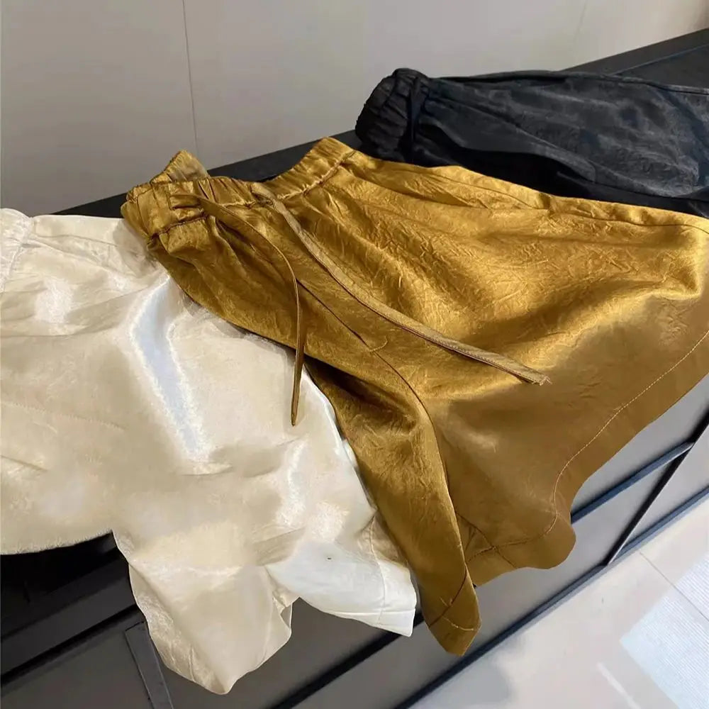 Women's Solid Color Satin Ice Silk Texture Shorts Summer Versatile Elastic Waist Loose Smooth Female Casual Versatile Hot Pants