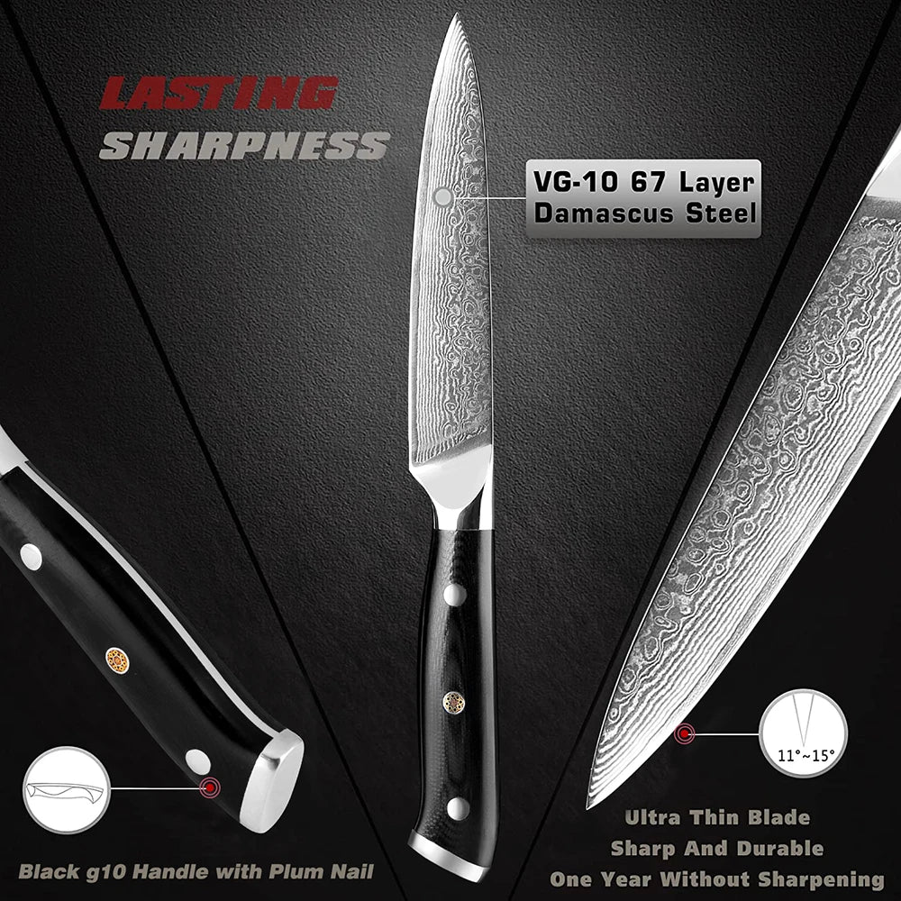 Japanese Utility Knife 5 Inch Damascus Kitchen Petty Knife VG10 67 Layer Razor Sharp Cutting Fruit Carving Chef’s Paring Knives