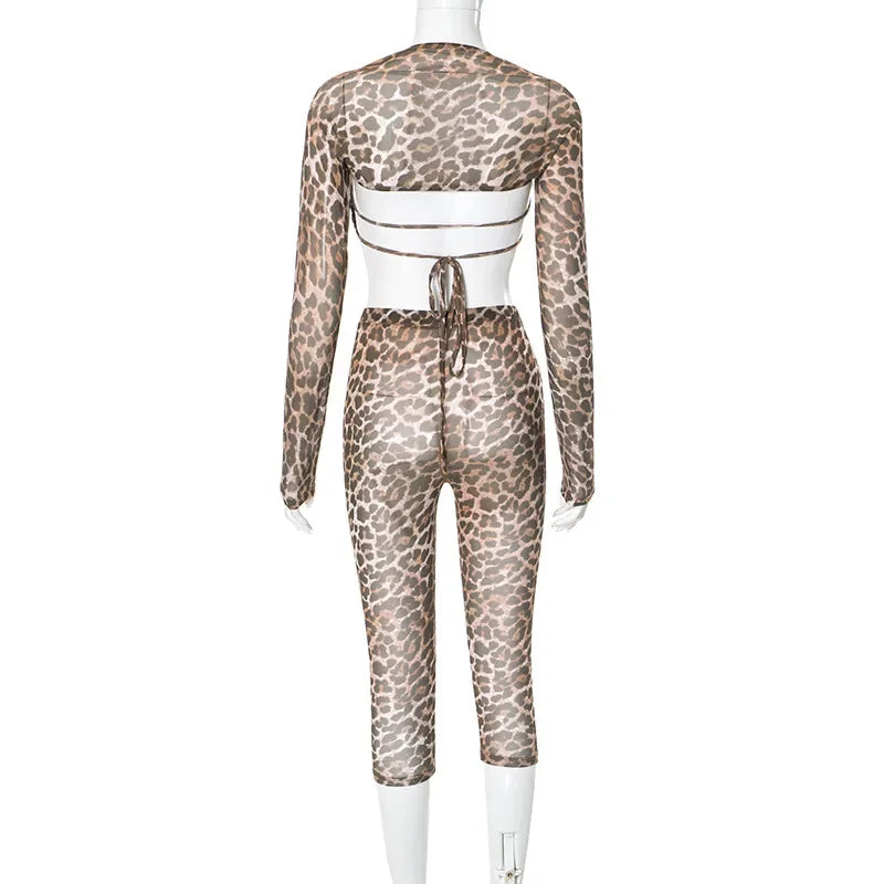 FAGADOER Sexy Mesh See Through Leopard Print Two Piece Sets Women Crop Top + Long Sleeve Coat + Shorts Outfits Female Clubwear