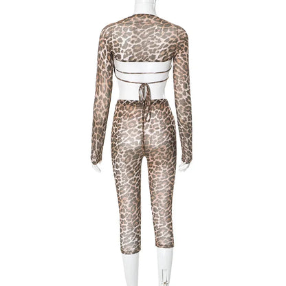 FAGADOER Sexy Mesh See Through Leopard Print Two Piece Sets Women Crop Top + Long Sleeve Coat + Shorts Outfits Female Clubwear