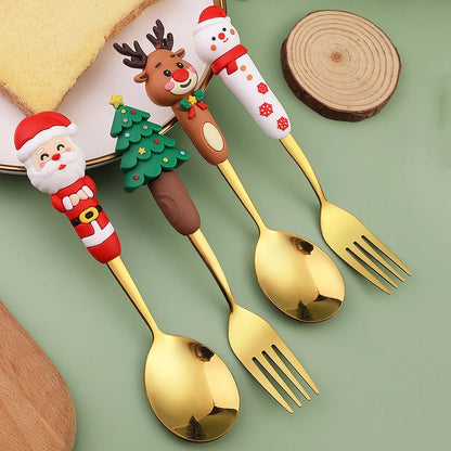 4Pcs Silver Christmas Fork And Spoon Set Stainless Steel Creative Tableware Coffee Tea Dessert Forks And Spoons Gift Set