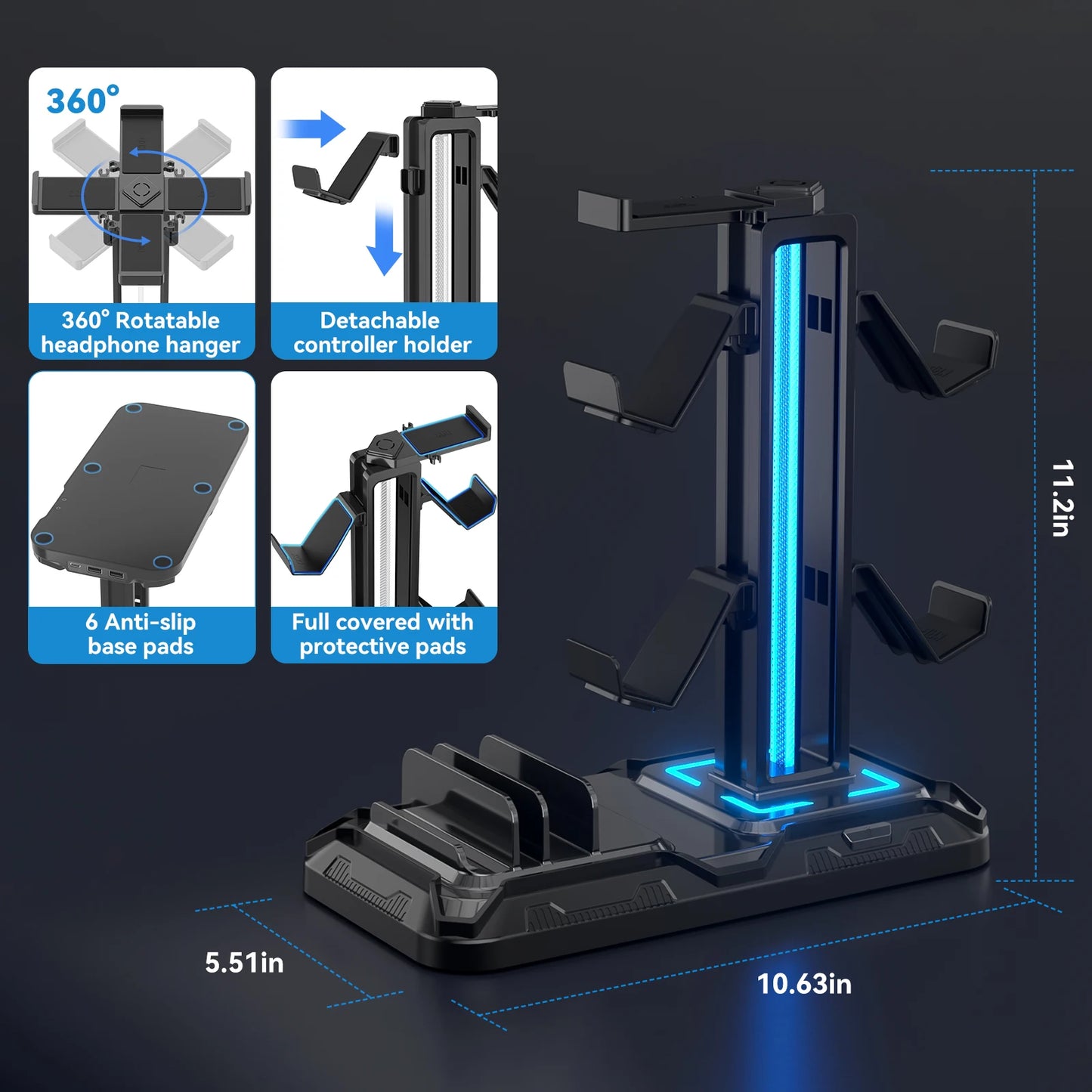 Headset Stand with Charging Station Detachable Controller Holder with 9 Light Modes, Rotatable Headphone Hanger with USB Charger