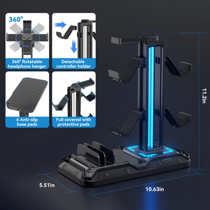Headset Stand with Charging Station Detachable Controller Holder with 9 Light Modes, Rotatable Headphone Hanger with USB Charger