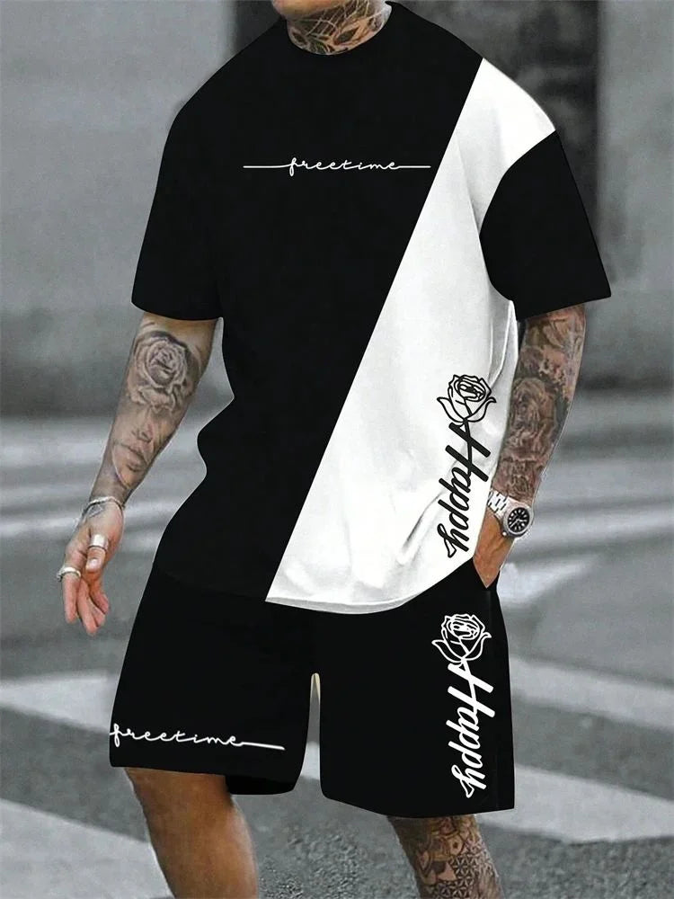 New Rose Pattern Men's T-shirt Round Neck Short Sleeve Drawstring Shorts Outdoor Breathable Casual Short Sleeve Set