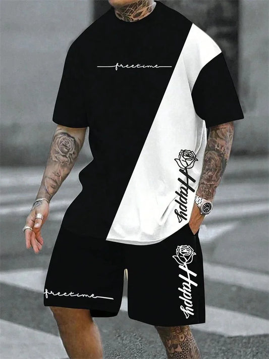 New Rose Pattern Men's T-shirt Round Neck Short Sleeve Drawstring Shorts Outdoor Breathable Casual Short Sleeve Set