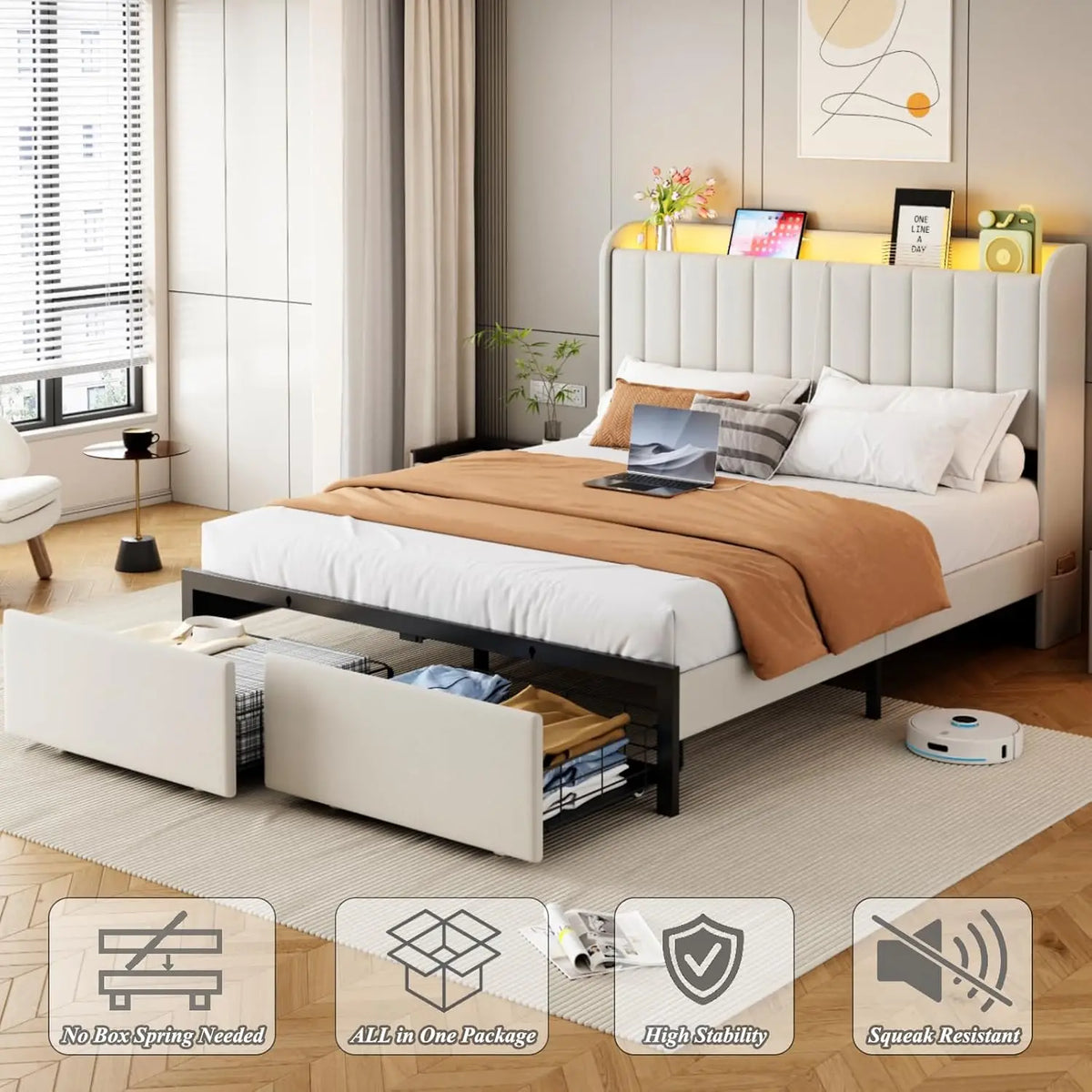 Full Size Bed Frames with Storage Headboard and 2 Drawers, Upholstered Platform Bed Frame Full with Led Lights and, Customized