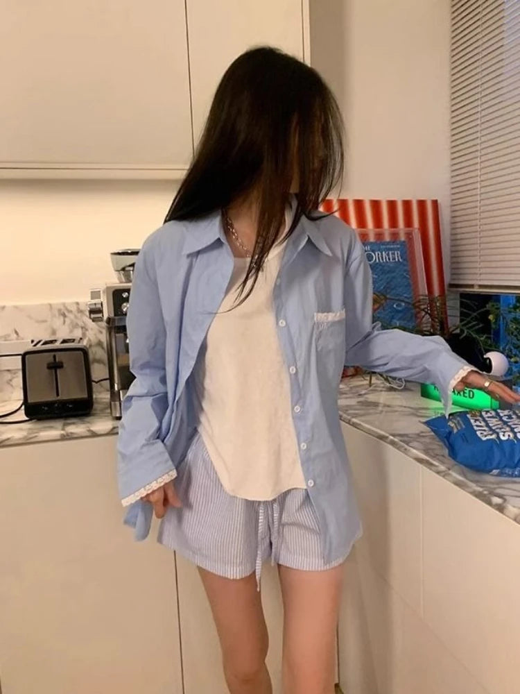 HOUZHOU Blue Striped Letter Embroidery Shorts Women Wide Leg Korean Fashion Short Pants Drawstring Baggy Casual Jorts Summer