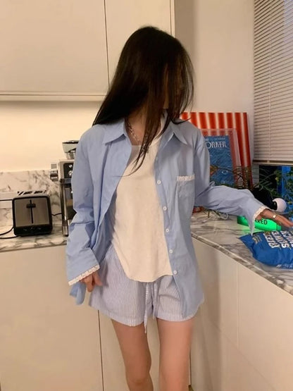 HOUZHOU Blue Striped Letter Embroidery Shorts Women Wide Leg Korean Fashion Short Pants Drawstring Baggy Casual Jorts Summer