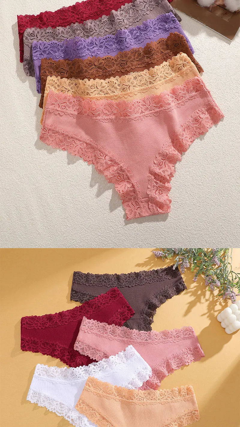 FINETOO 5PCS Sexy Lace Cotton Panties Women Brazilian Panties Ladies Sexy Low Waist Elastic T-Back Bikini Solid Soft Lingerie