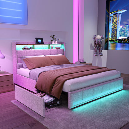 Rosahqnda Upholstered Double Bed 160 x 200 cm, Bed 180 x 200 cm with Storage Box, Storage Bed with 4 Drawers and LED Lighting