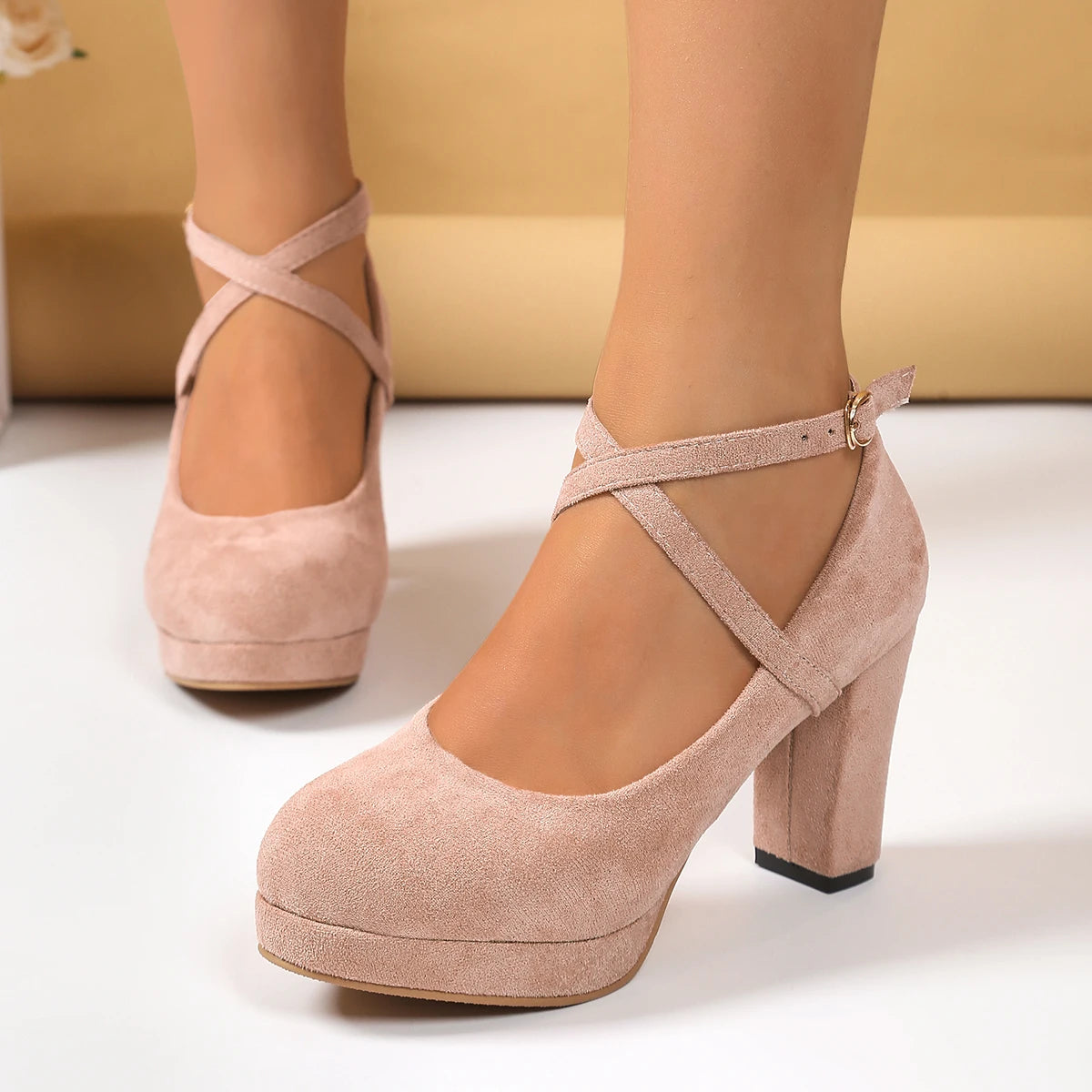 Women Shoes on Heels Women Platform Pumps Spring Summer Shallow Cross Strap Buckle Shoes Round Toe Shoes for Women High Heels