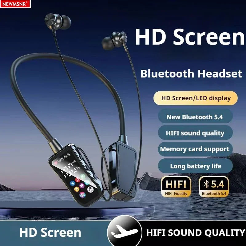 Neck-mounted headphones with HD screen, 48-hour playback time, Bluetooth 5.4 wireless earphones, dedicated for sports and gaming