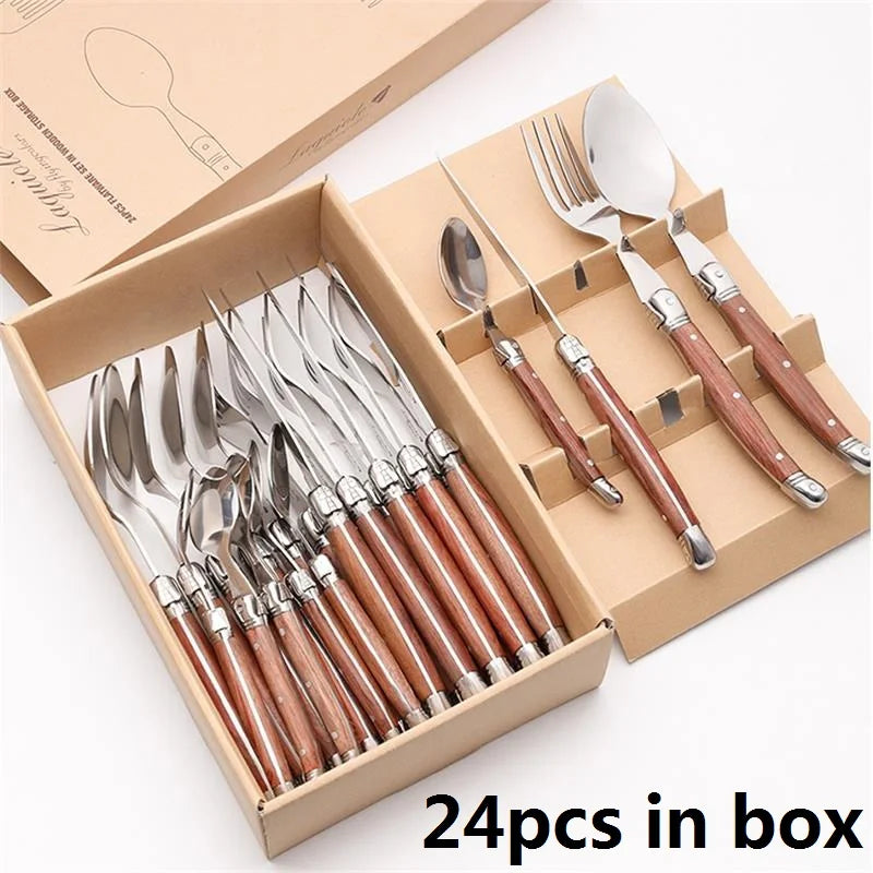24pcs Laguiole Cutlery set Luxury Rose Wood Handle Dinnerware Stainless steel Tableware 6 Steak Knife 6 Fork 6 Spoon 6 Teaspoon