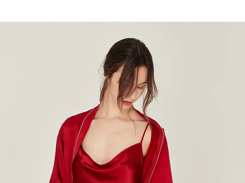BirdTree, 100%Real Silk Simple Night-robe, Women V Neck Long Sleeve, Elegant Sexy Pajamas Robe, 2024 Summer Autumn New P469123QM