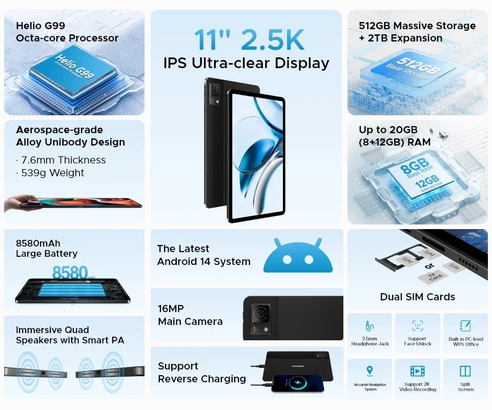 World Premiere DOOGEE T40 Tablet 11" IPS 2.5K Display 8GB 512GB Android 14 Helio G99 8580mAh 18W Charge Hi-Res Quad Speakers