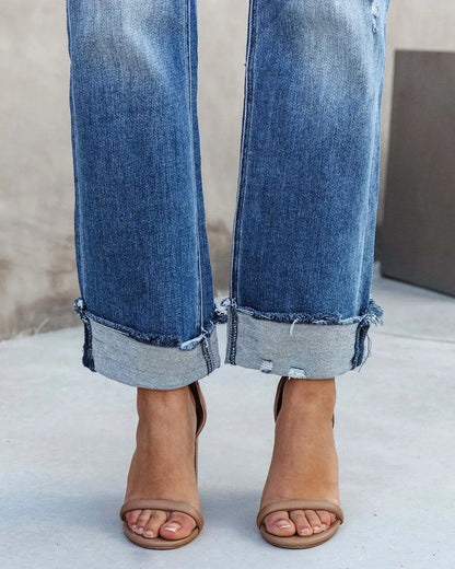 Women Spring and Autumn New Urban Casual Wash Straight Leg Jeans Long Pants, Loose Fallow Handwork Abrade Jeans with Pocket Y2k