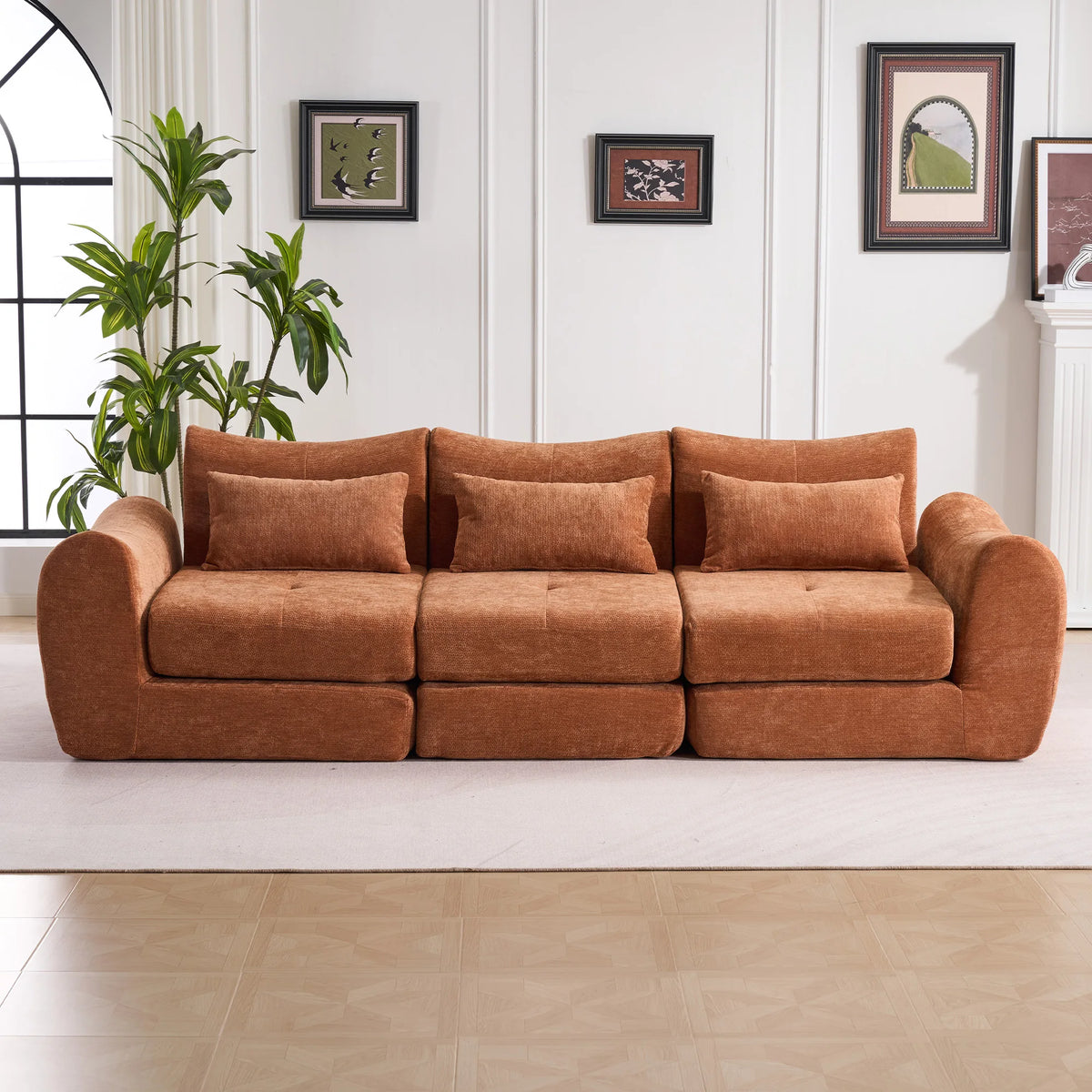 Orange Comfort Compressed Sofa,3 Seats No Assembly Required Sofa Bed,Black Chenille Free Combination For Living Room, Apartment