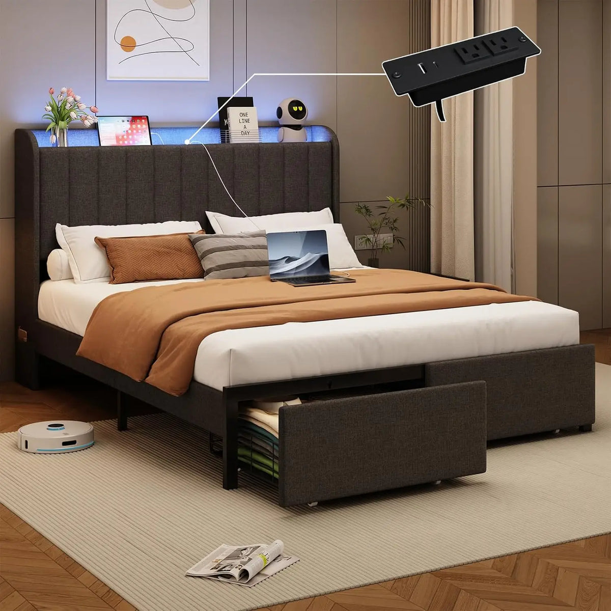 Full Size Bed Frames with Storage Headboard and 2 Drawers, Upholstered Platform Bed Frame Full with Led Lights and, Customized