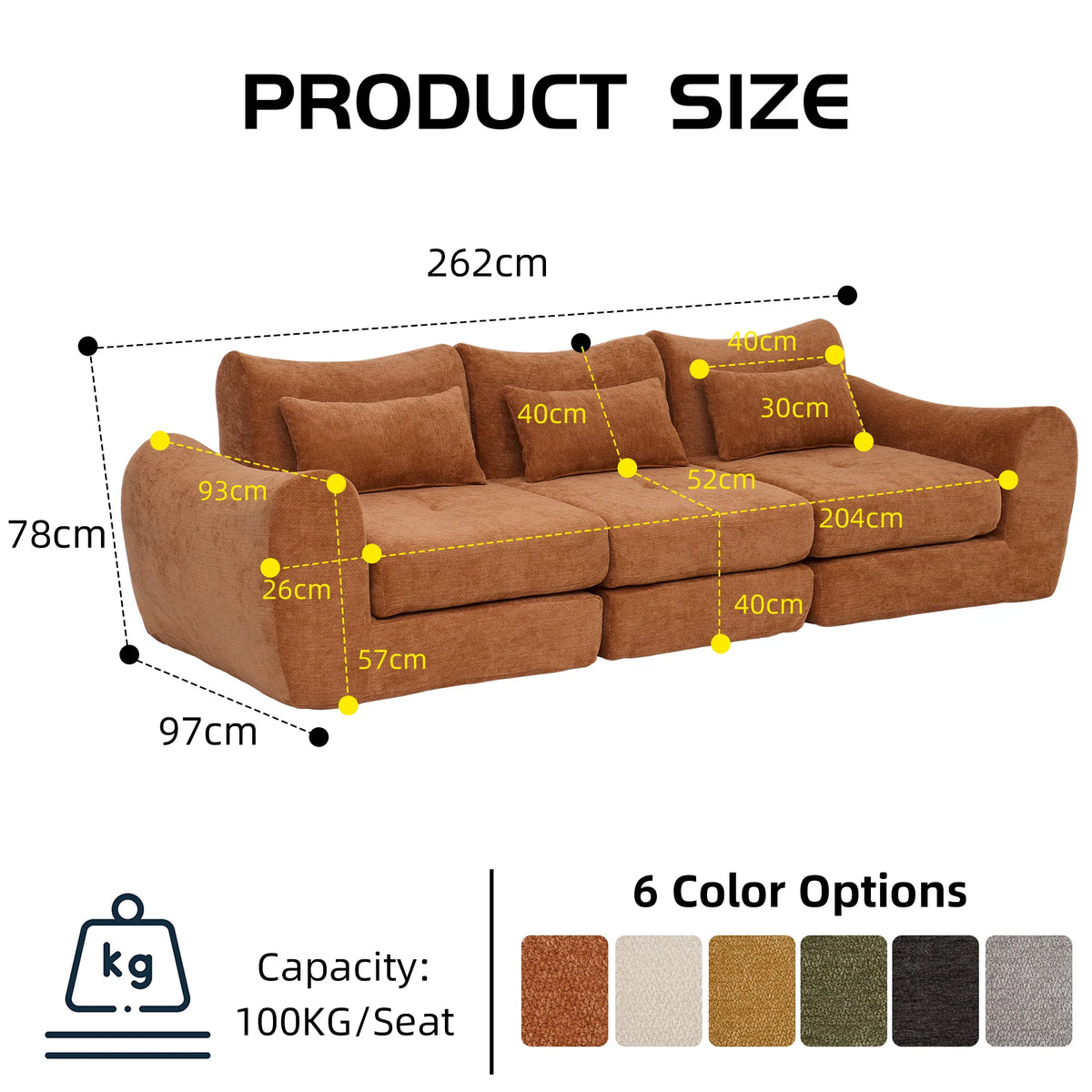 Orange Comfort Compressed Sofa,3 Seats No Assembly Required Sofa Bed,Black Chenille Free Combination For Living Room, Apartment