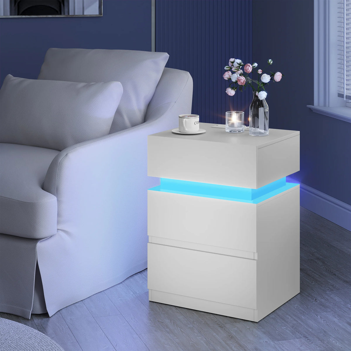 WOLTU Nightstand White/Black Bedside Table with LED Lighting 2 Drawers USB Charging Function Narrow Sofa Table