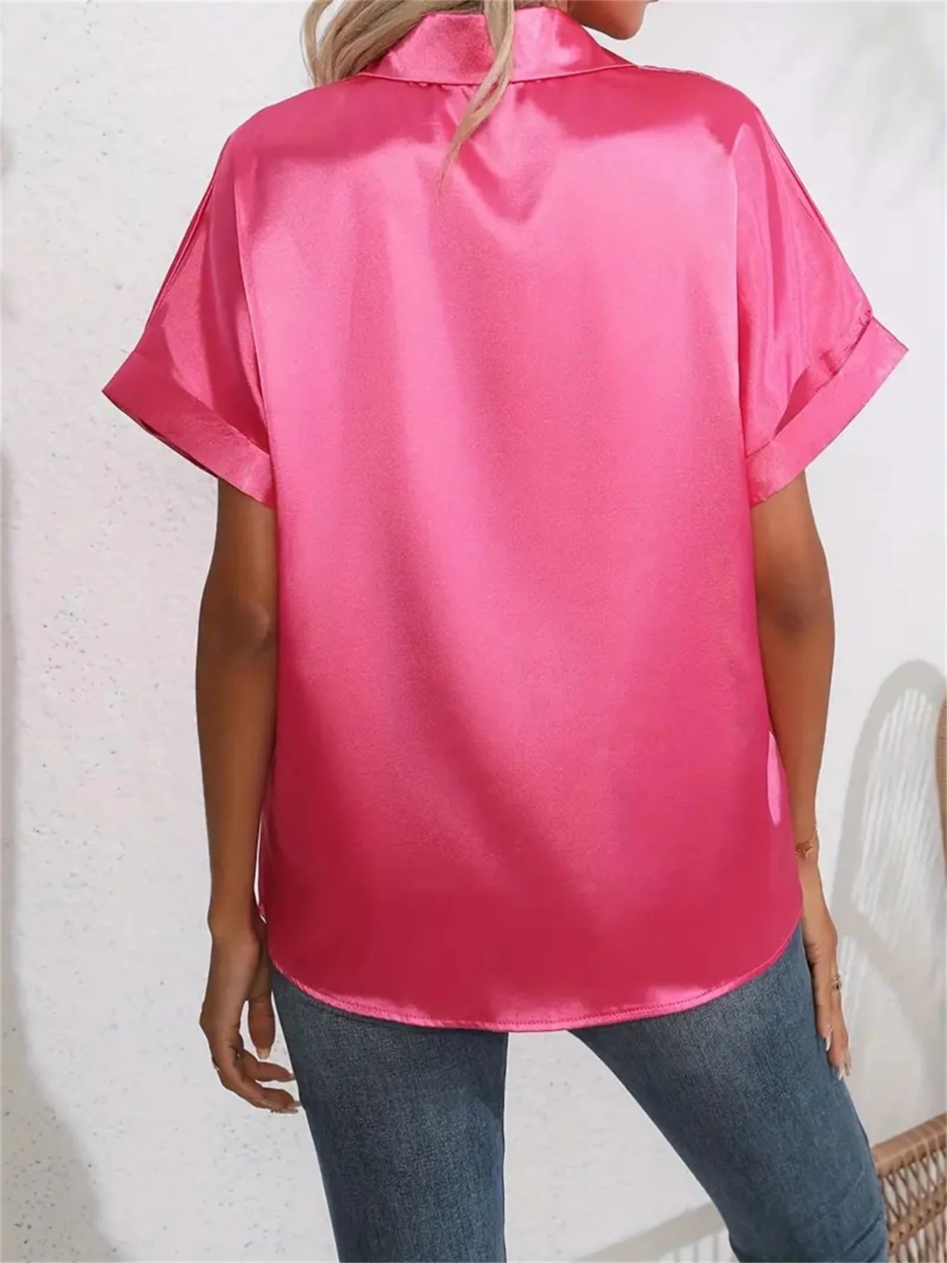 Casual Turn-Down Collar Button Front Solid Color Short Sleeved Satin Shirt Women Summer Blouse