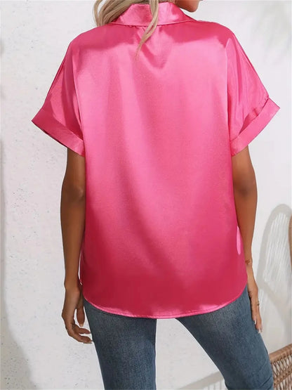 Casual Turn-Down Collar Button Front Solid Color Short Sleeved Satin Shirt Women Summer Blouse