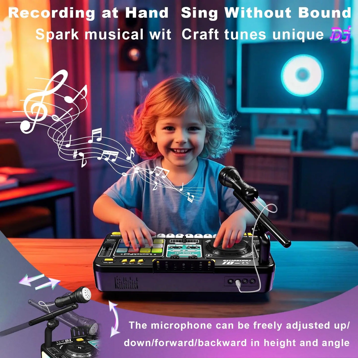 Kid DJ Mixer with Microphone Electronic Piano Keyboard Bluetooth DJ Turntable Controller Musical Instrument Kid Birthday Gift