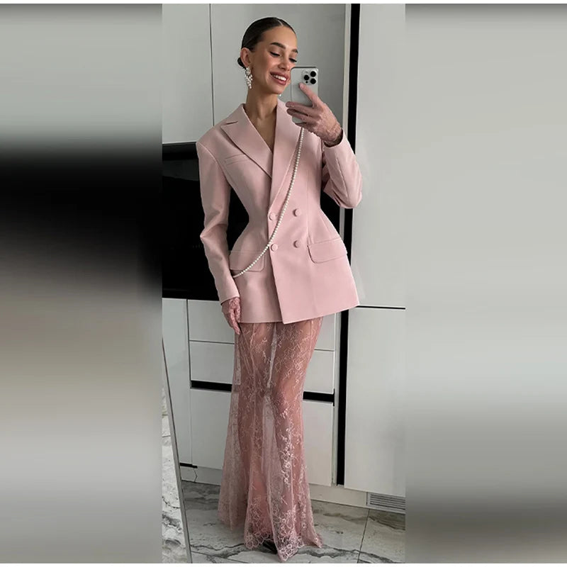 Retro Solid Suit Jacket Lace Skirt Set Women Sexy Waist-cinching Jackets Perspective Long Skirts Sets Lady 2025 Chic Streetwear