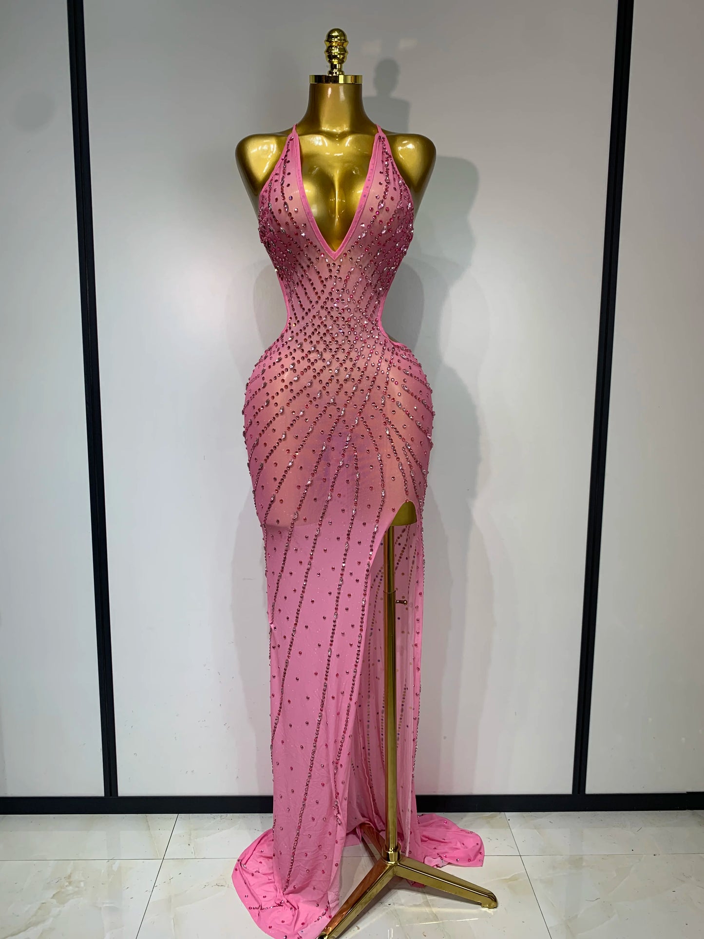 Sparkly Rhinestone Halter Mesh Transparent Dress Birthday Celebrate Evening Party Dress Women Sexy Split Backless Stage Outfit
