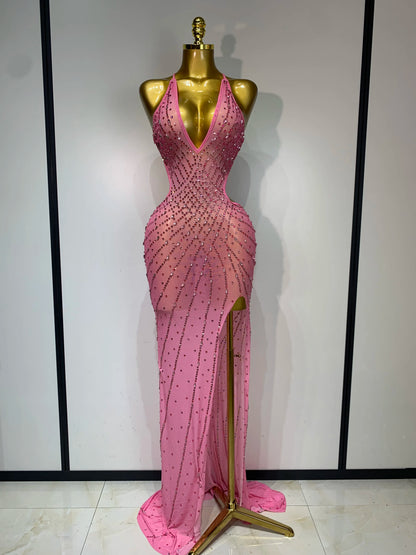 Sparkly Rhinestone Halter Mesh Transparent Dress Birthday Celebrate Evening Party Dress Women Sexy Split Backless Stage Outfit