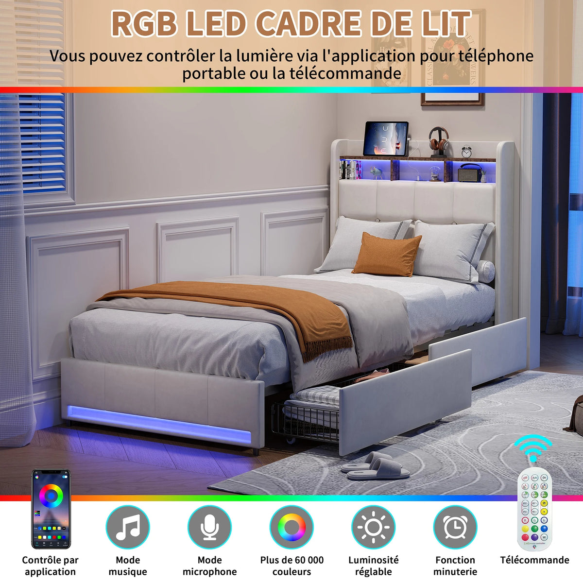 Rosahqnda Upholstered Double Bed 160 x 200 cm, Bed 180 x 200 cm with Storage Box, Storage Bed with 4 Drawers and LED Lighting