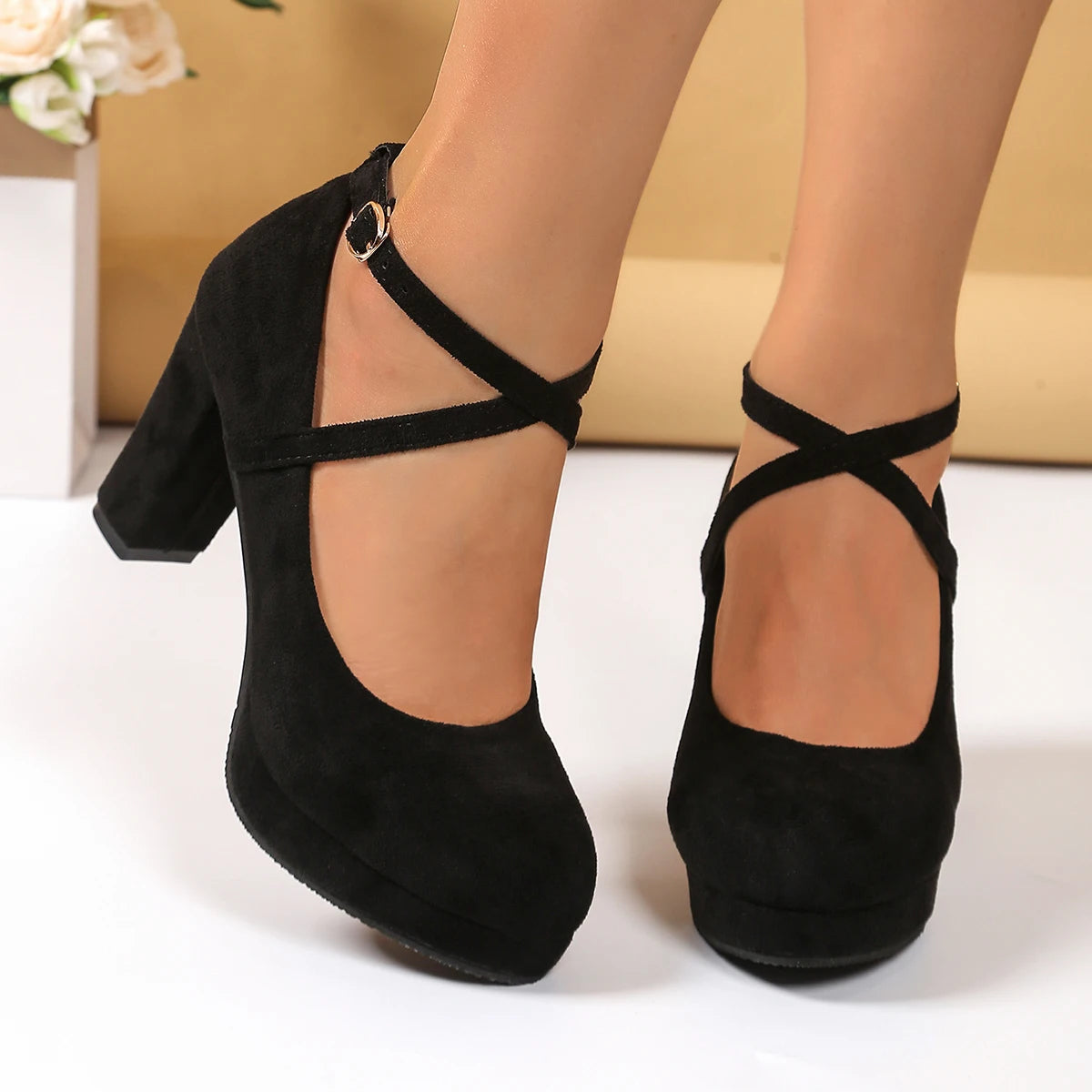 Women Shoes on Heels Women Platform Pumps Spring Summer Shallow Cross Strap Buckle Shoes Round Toe Shoes for Women High Heels