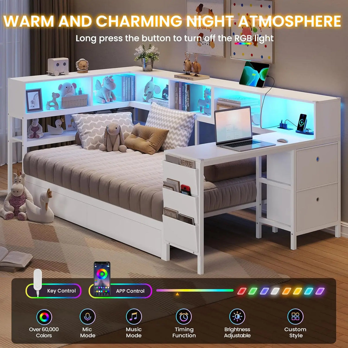 Corner Twin Bed Frame With Desk,Charging Station And Bookcase Storage Metal Platform Bed Frame With Storage Drawers And Led Ligh