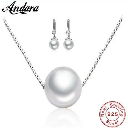 Exquisite Fashion 925 Sterling Silver Necklace Earrings Jewelry Set 10MM Pearl Accessories For Women Engagement Jewelry Gift