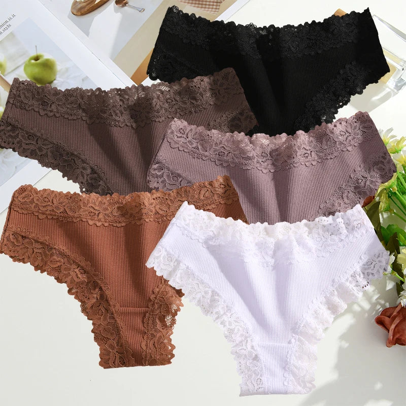 FINETOO 5PCS Sexy Lace Cotton Panties Women Brazilian Panties Ladies Sexy Low Waist Elastic T-Back Bikini Solid Soft Lingerie
