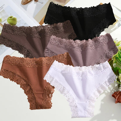 FINETOO 5PCS Sexy Lace Cotton Panties Women Brazilian Panties Ladies Sexy Low Waist Elastic T-Back Bikini Solid Soft Lingerie