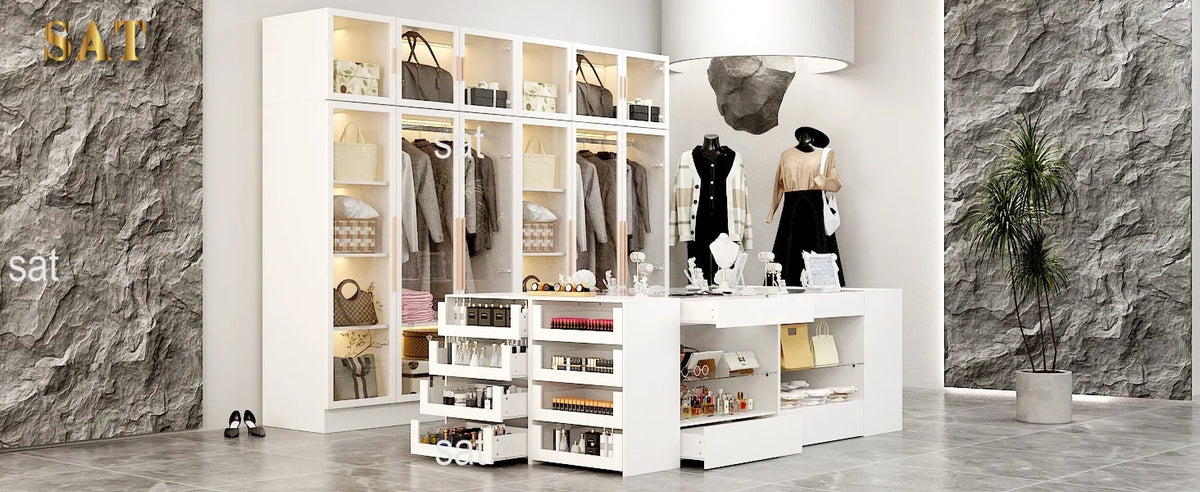 %a Wardrobe Armoire Bedroom Island with Glass Top, Glass Display Shelf &amp; 6 Drawers, Wooden Closet Storage Cabinet with Open She