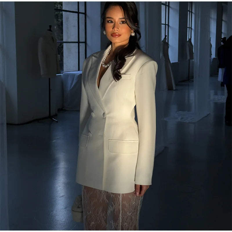 Retro Solid Suit Jacket Lace Skirt Set Women Sexy Waist-cinching Jackets Perspective Long Skirts Sets Lady 2025 Chic Streetwear