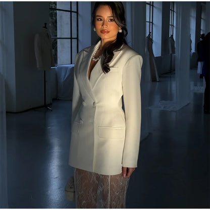 Retro Solid Suit Jacket Lace Skirt Set Women Sexy Waist-cinching Jackets Perspective Long Skirts Sets Lady 2025 Chic Streetwear