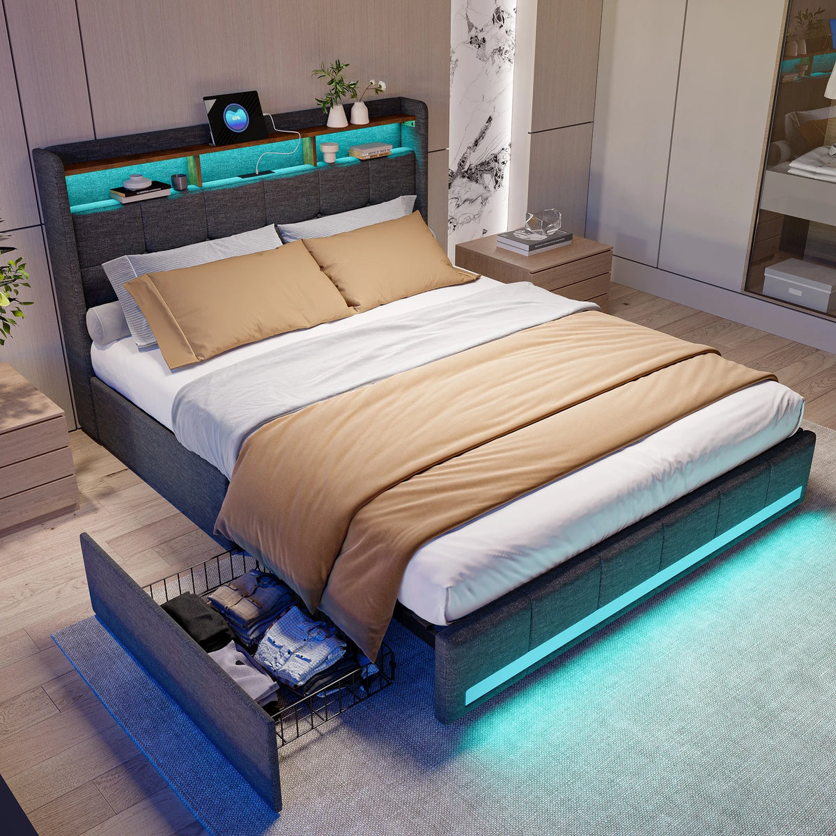 Rosahqnda Upholstered Double Bed 160 x 200 cm, Bed 180 x 200 cm with Storage Box, Storage Bed with 4 Drawers and LED Lighting