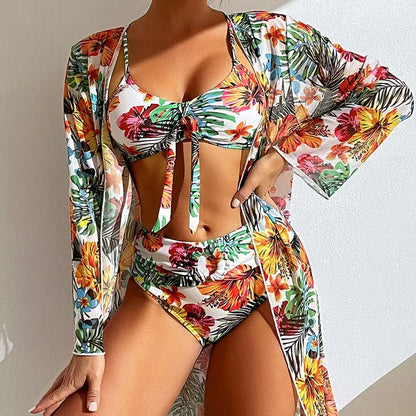 Size S-3XL Bikini Three Pieces Floral Printed Swimsuit Women Bikini Set With Mesh Long-Sleeved Blouse,Bra Top with Pad Swimwear