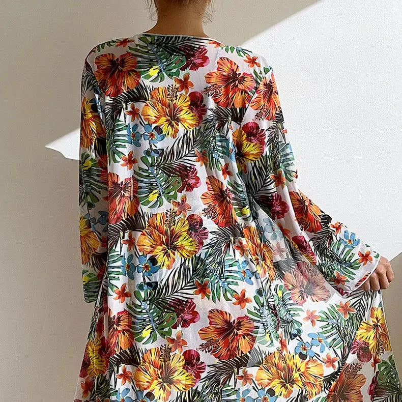 Size S-3XL Bikini Three Pieces Floral Printed Swimsuit Women Bikini Set With Mesh Long-Sleeved Blouse,Bra Top with Pad Swimwear