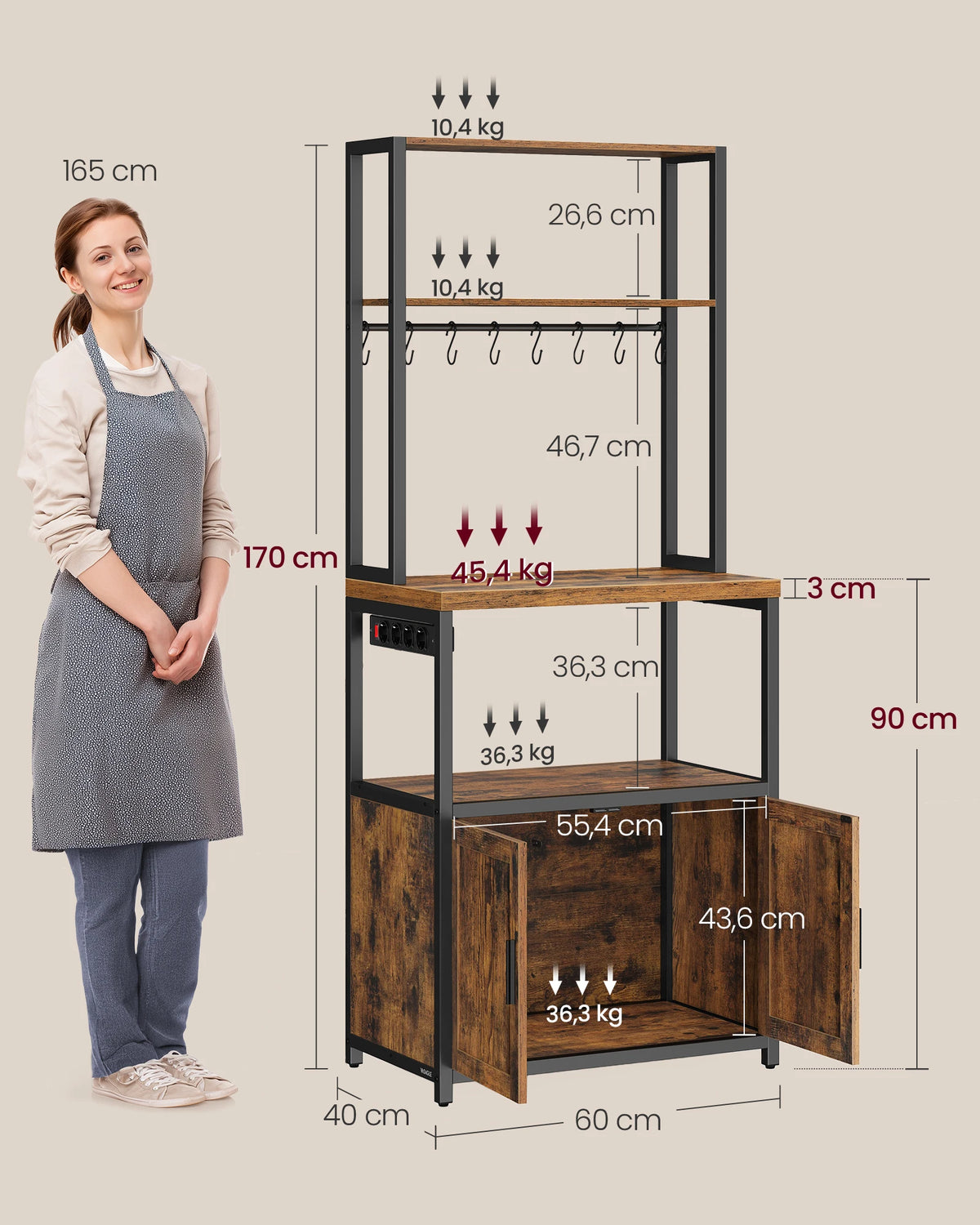 Kitchen Shelf with Power Strip, 8 Hooks, 40 x 60 x 170 cm, Rustic Brown and Ink Black/ Oak Gold and Cloud White