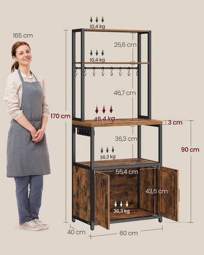 Kitchen Shelf with Power Strip, 8 Hooks, 40 x 60 x 170 cm, Rustic Brown and Ink Black/ Oak Gold and Cloud White