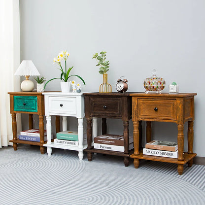 Solid Wood Nightstand Vintage French Distressed Bedside Table with Drawer for Bedroom Storage Cabinet Side Table