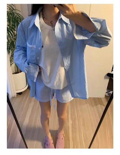 HOUZHOU Blue Striped Letter Embroidery Shorts Women Wide Leg Korean Fashion Short Pants Drawstring Baggy Casual Jorts Summer
