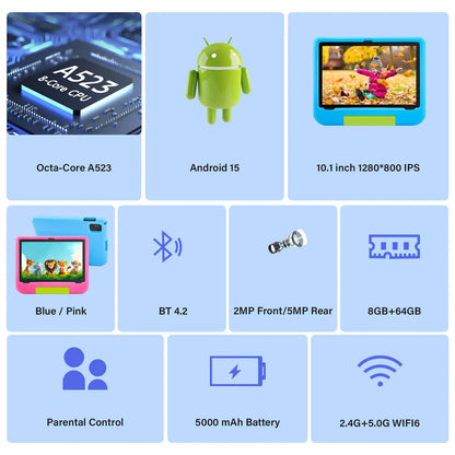 Paitanry 10.1 Inch Tablets for kids Android 15 8GB RAM 64GB ROM HD Display Tab USB Type-C 5G WIFI 6 Tablet PC Children's Gift