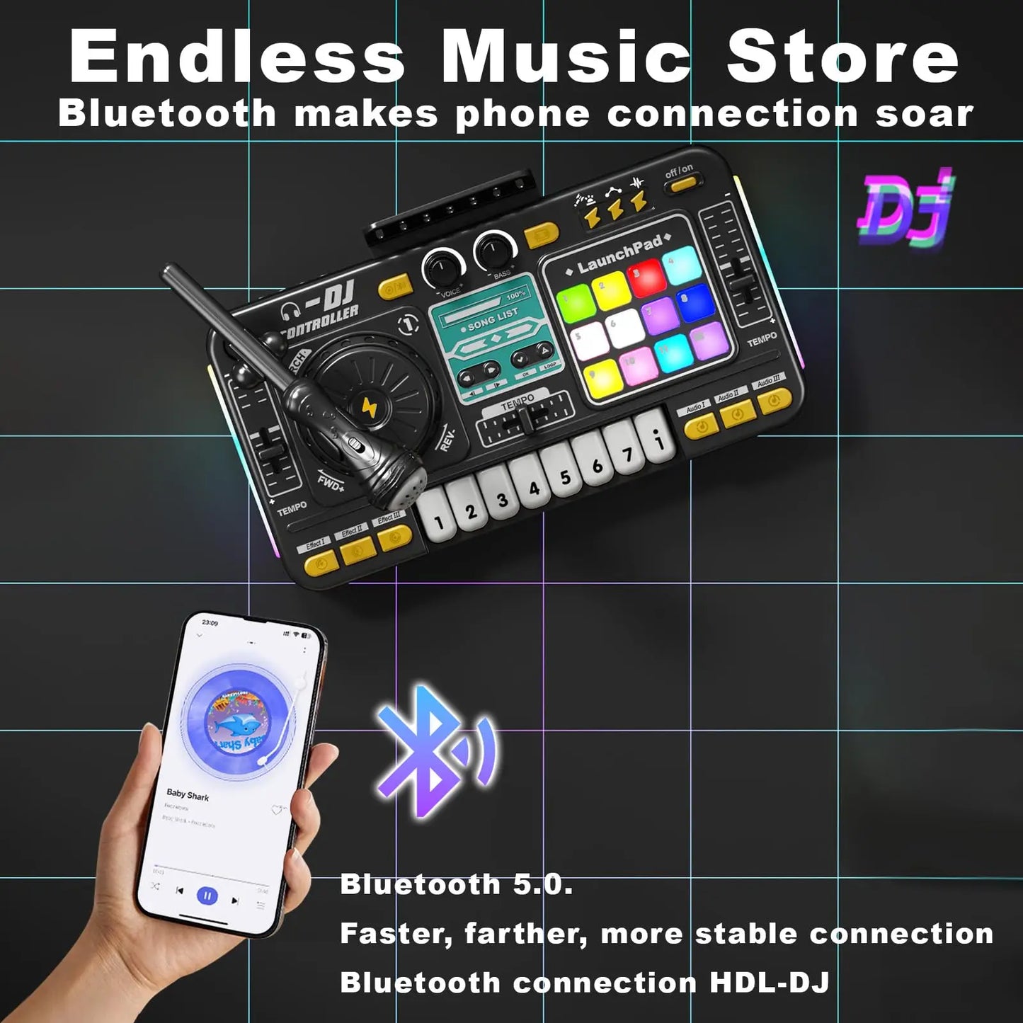 Kid DJ Mixer with Microphone Electronic Piano Keyboard Bluetooth DJ Turntable Controller Musical Instrument Kid Birthday Gift