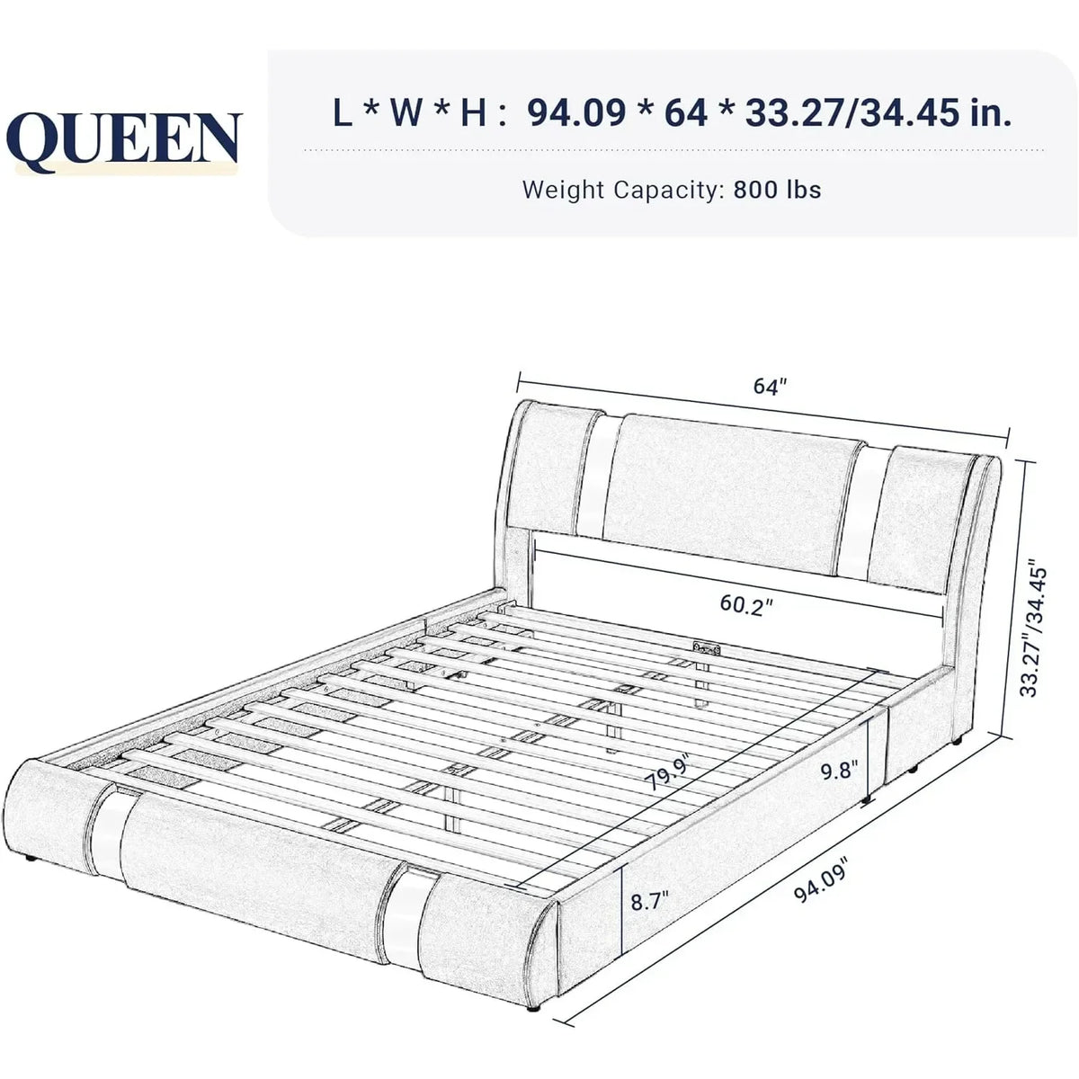 Queen size bed frame with iron sheet decoration, artificial leather cushioned platform bed with adjustable headboard, black